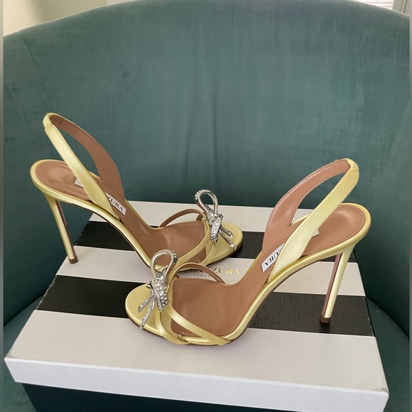 Aquazzura Babe satin slingback sandals with crystal-embellished bow at the toe. - Picture 5 of 9